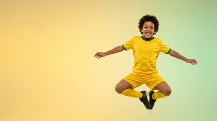 Obraz premium Energetic young boy in a yellow and green soccer uniform jumping high with joy against a vibrant yellow and green gradient background, celebrating a goal or victory with a big smile