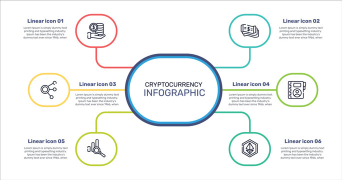cryptocurrency outline icon set featuring stack, money flow, contact book, data analysis icons.