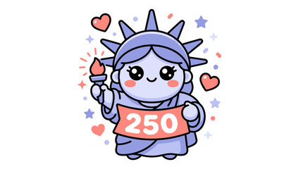 Naklejka premium Cartoon Statue of Liberty celebrates america 250th with festive hearts and stars around her.