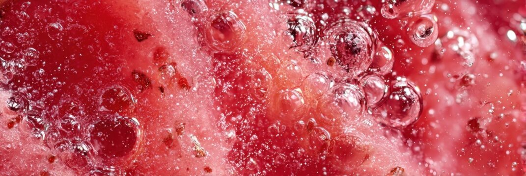 Textura macro de agua fresca de sand&iacute;a con burbujas efervescentes, fondo panor&aacute;mico refrescante para cabecera web