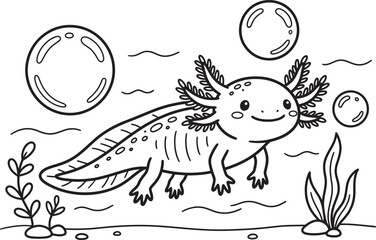 Naklejka premium Cute Axolotl Coloring Page, Cartoon Underwater Animal Illustration Black and White Vector.