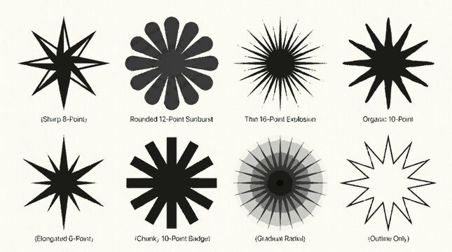 Set of eight black radial sunburst and geometric starburst vector design elements