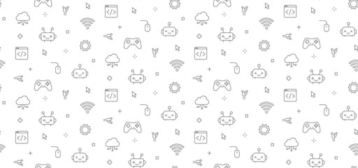 Fototapeta premium Minimalist technology pattern designed for elementary school children. Educational line art vector background featuring robots, ideal for kids science branding, school supplies, and web pages.