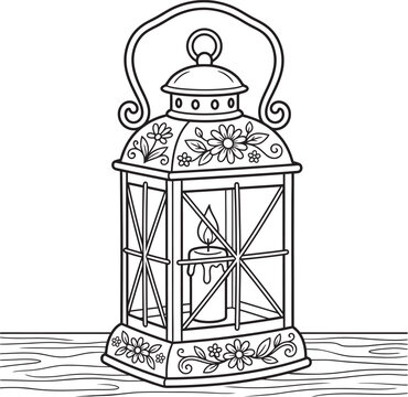 Vector of Lantern for Coloring Page. Simple Lantern Coloring Page for Kids &ndash; Decorative Hanging Lamp Outline for Crafts and Classroom Activities