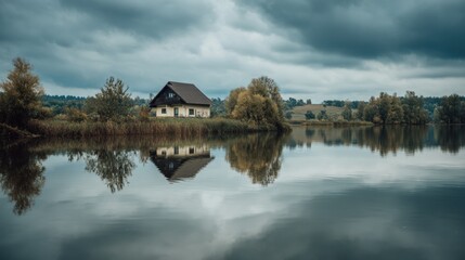Fototapeta premium House by the lake surrounded by trees and cloudy sky in the afternoon