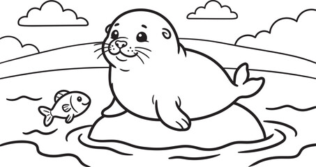 Cute cartoon baby seal pup coloring page line art © NazninSultana