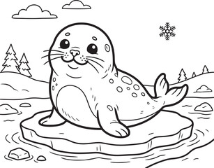 Cute baby seal coloring page for kids featuring arctic landscape with mountains and clouds © NazninSultana