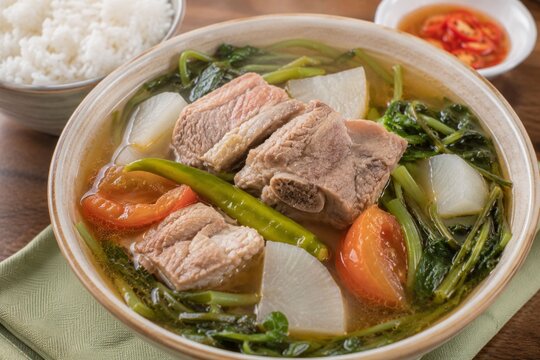 Sinigang na Baboy Filipino Pork Sour Soup with Vegetables and Rice