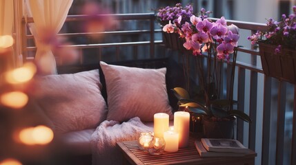 Obraz premium Cozy balcony setup with flowers, candles and soft cushions in the evening