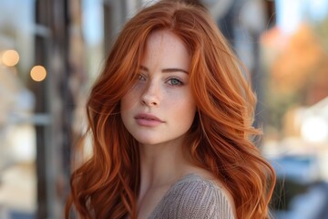 Obraz premium Redhead Woman Looking Directly with Wavy Hair in City