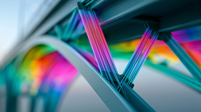 Abstract digital twin simulation showing a bridge structure under stress test with colorful heat mapping overlay, structural engineering and infrastructure technology concept,
