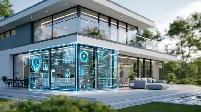 Modern eco house with smart home digital technology interface, sustainable residential living and IoT concept, defocused, with copy space