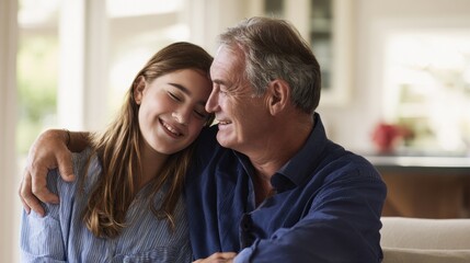 Fototapeta premium Father and daughter share a moment in the living room during the day