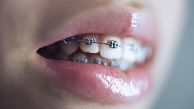 Braces on teeth showing new alignment during dental treatment session