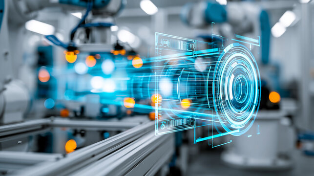 Future factory concept showing predictive maintenance with digital twin technology, smart manufacturing and Industry 4.0 innovation concept, defocused, with copy space