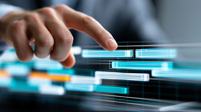Portfolio rationalization concept with an anonymous hand removing duplicate project tiles from a clean digital roadmap interface, project management technology concept, faceless,