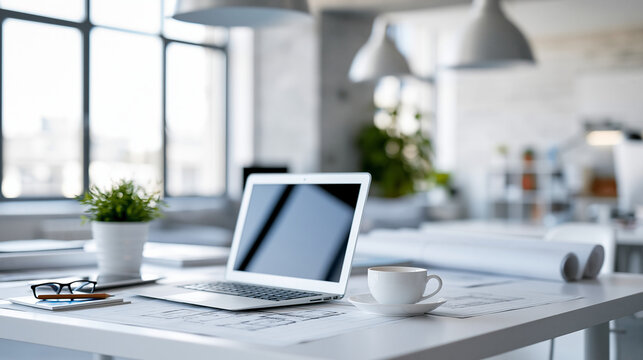Architect workspace with blueprints, laptop, and sketches on a bright desk, modern design studio for CAD and planning, minimal clean office background concept, defocused, with
