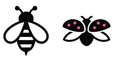 Black Silhouette Of A Bee And Butterfly With Pink Spots On A White Background insect pollinator flying wings stripes graphic vector © MOTIUR
