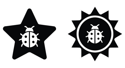 Ladybug on star and sun shapes black silhouette icons on a white background for graphic design beetle insect bug coleoptera coccinellidae © MOTIUR