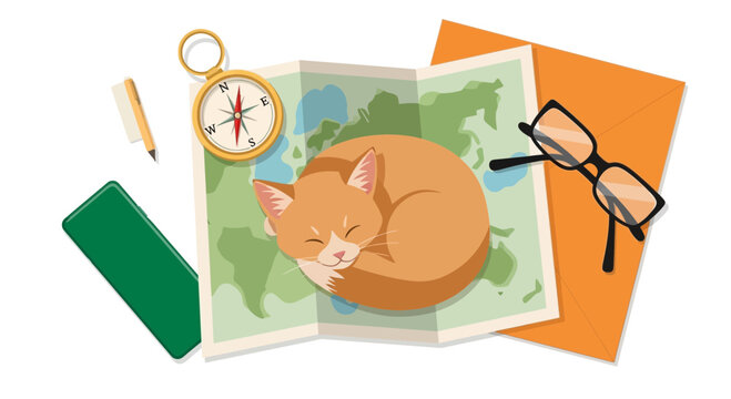 A curious cat and adorable kitten sleep on a travel map with glasses and compass.