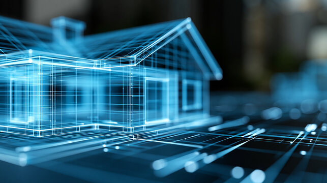 Futuristic 3D blue wireframe house blueprint on a digital grid background, smart home technology and architectural visualization concept, defocused, with copy space