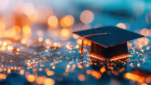 Graduation cap on circuit board, celebrating education at night