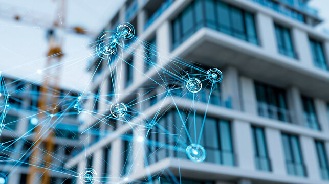 Futuristic digital construction site showing a new building design with smart technology overlays, ConTech and innovation concept, defocused, with copy space