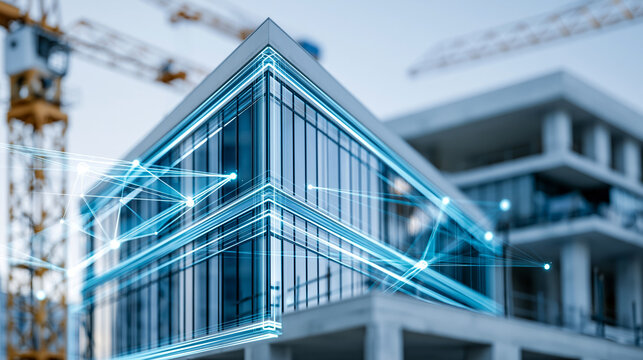 Futuristic digital construction site showing a new building design with smart technology overlays, ConTech and innovation concept, defocused, with copy space