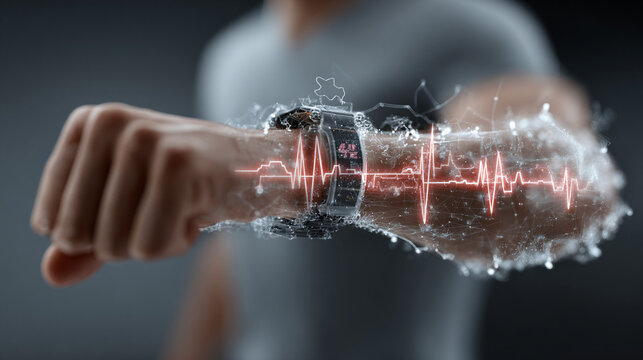 Hand holding futuristic wearable health sensor with digital heartbeat and data visualization