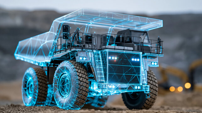 Transparent futuristic hologram of a heavy mining dump truck in a dirt quarry, digital twin concept for smart construction technology and industrial engineering, defocused, with
