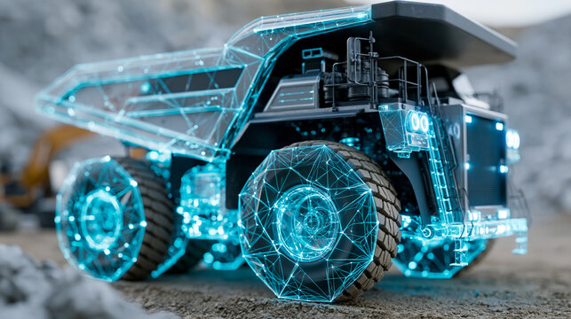 Transparent futuristic hologram of a heavy mining dump truck in a dirt quarry, digital twin concept for smart construction technology and industrial engineering, defocused, with