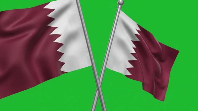 Two qatar flags crossed on a green screen background, 3d rendering of the national flag of qatar