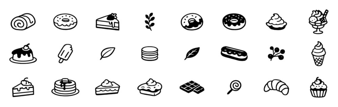 Hand-drawn dessert and pastry icons including cakes, donuts, ice cream, chocolate, pancakes, croissant, and sweets in a simple black outline style on transparent background