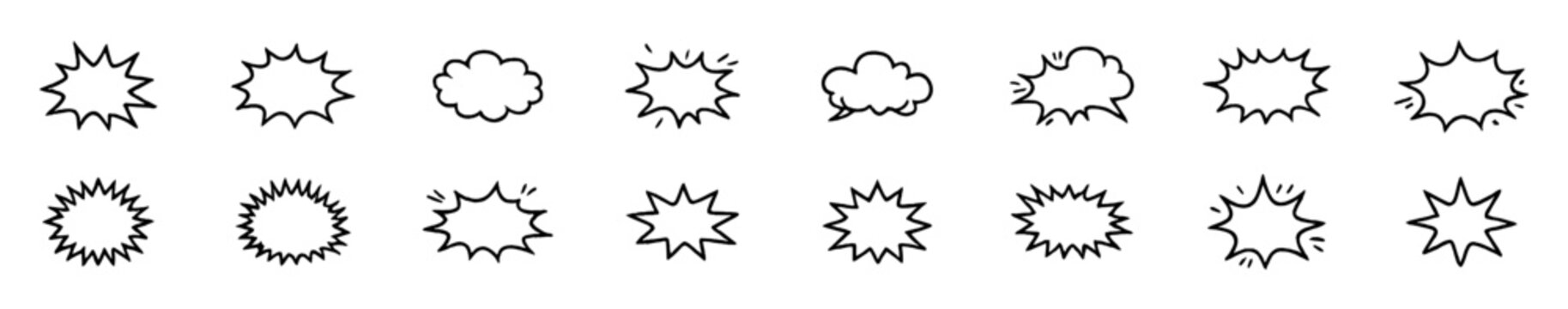 Set of comic style speech bubbles and explosion shapes in black outline on transparent background