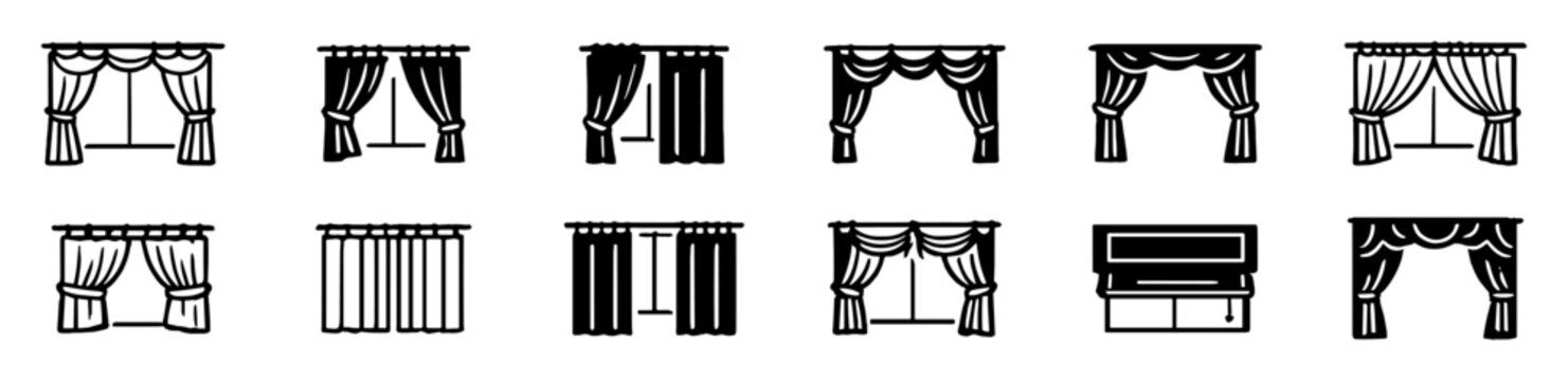 Set of twelve different curtain and window drape silhouette icons with various styles and designs on transparent background