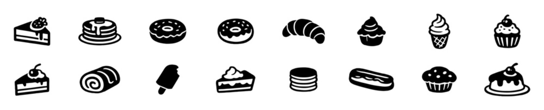 Black and white dessert icons set including cake, pancakes, doughnuts, croissant, cupcakes, ice cream, roll, popsicle, macaroons, and eclair illustrations on transparent background