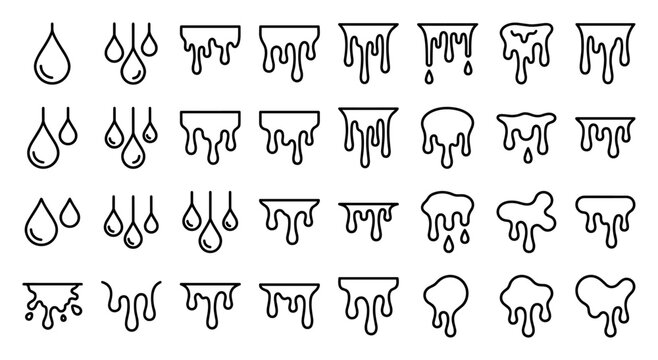 Set of black line icons depicting various liquid drops and dripping shapes in different styles and configurations on transparent background