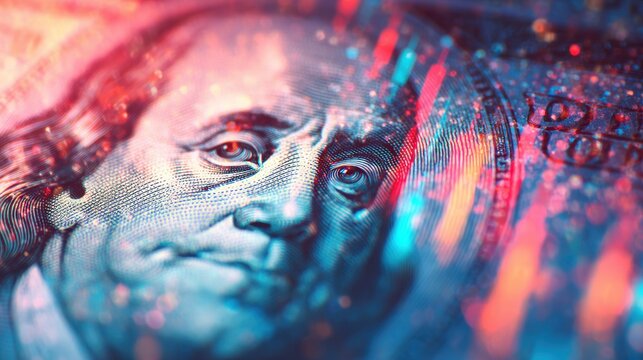 Detailed close-up of a hundred dollar bill with unique patterns and colors