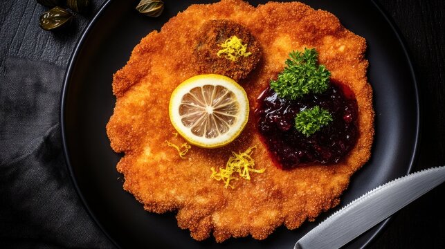 Overhead view of a breaded cutlet dish with garnish on a black plate