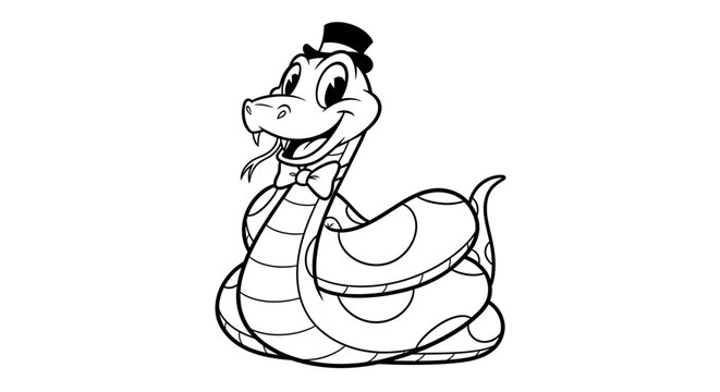Friendly cartoon snake mascot wearing top hat and bowtie