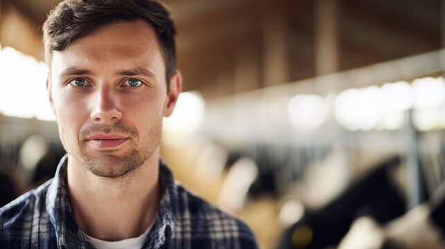 Man stands in barn with cows in background during daytime
