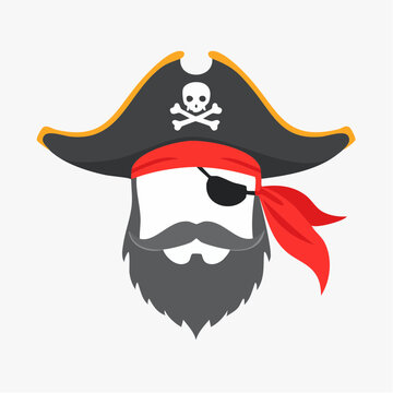 Cartoon Pirate Face with Eyepatch and Skull Hat