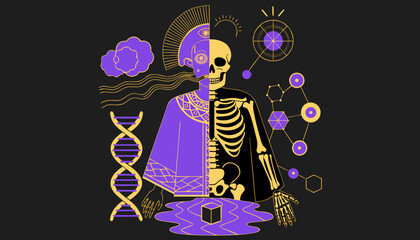 Naklejka premium Shaman skeleton DNA anatomy purple gold vector