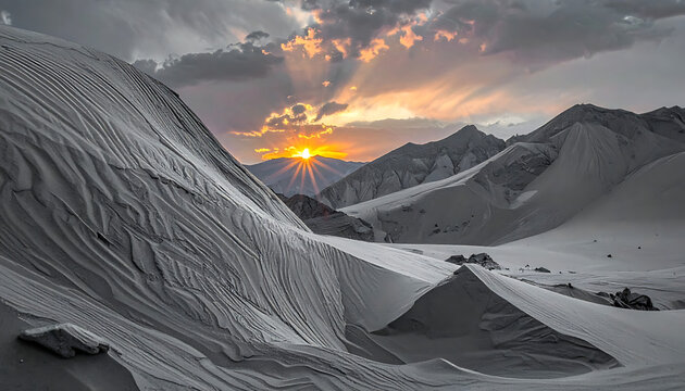Dramatic sunset over rippled sand dunes, golden sun rays breaking through storm clouds, desert landscape, serene outdoor wilderness