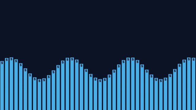 Seamless loop of trading charts and candlesticks with dollar symbols moving in a sine wave pattern, representing currency exchange rate dynamics and financial market volatility.