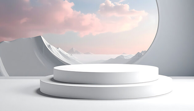 Empty white cylindrical display podium with snowy mountain landscape in background for product presentation