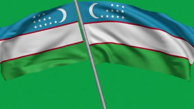Two waving flags of uzbekistan on a green background