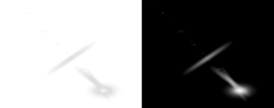 Comets streaking across a contrasting white and black background with bright tails isolated on transparent background