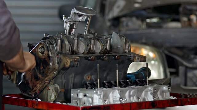 Close up of auto mechanic hands working on a disassembled vehicle engine block timing cover area in repair service workshop. Front cylinder head and mechanical tools in blurred background.