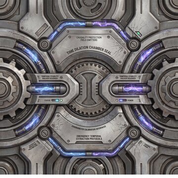 Intricate generative AI sci-fi time dilation chamber seal, featuring complex metallic panels, glowing energy conduits, and advanced temporal technology labels.